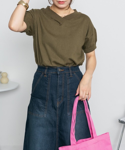 ElegChic(エレグシック)の「Vネックドルマン半袖綿ニット(ニット/セーター・レディース・カーキ/ブラック/オフホワイト/ライトグレー/ネイビー/グレイッシュベージュ・XL/4L/M)」の17枚目の写真