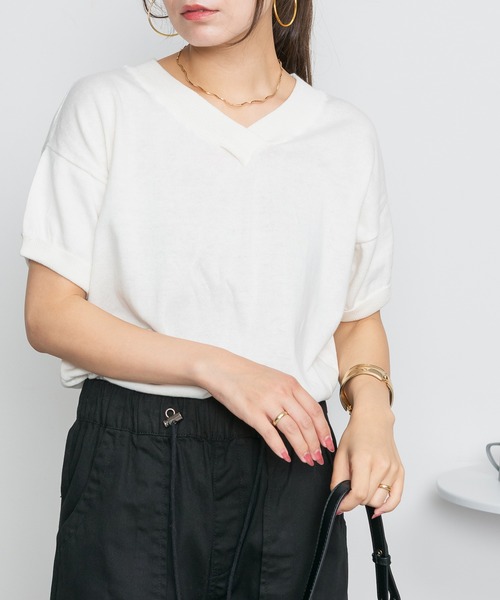 ElegChic(エレグシック)の「Vネックドルマン半袖綿ニット(ニット/セーター・レディース・カーキ/ブラック/オフホワイト/ライトグレー/ネイビー/グレイッシュベージュ・XL/4L/M)」の22枚目の写真