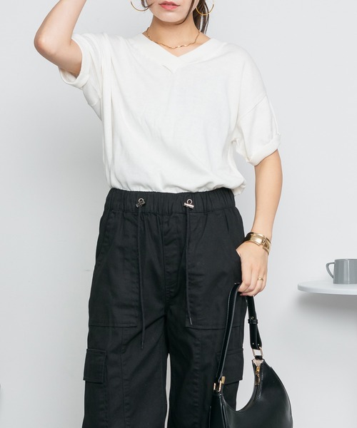 ElegChic(エレグシック)の「Vネックドルマン半袖綿ニット(ニット/セーター・レディース・カーキ/ブラック/オフホワイト/ライトグレー/ネイビー/グレイッシュベージュ・XL/4L/M)」の12枚目の写真