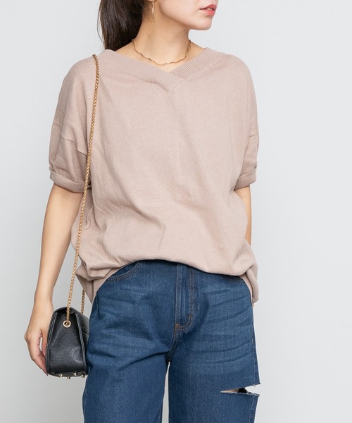ElegChic(エレグシック)の「Vネックドルマン半袖綿ニット(ニット/セーター・レディース・カーキ/ブラック/オフホワイト/ライトグレー/ネイビー/グレイッシュベージュ・XL/4L/M)」の14枚目の写真