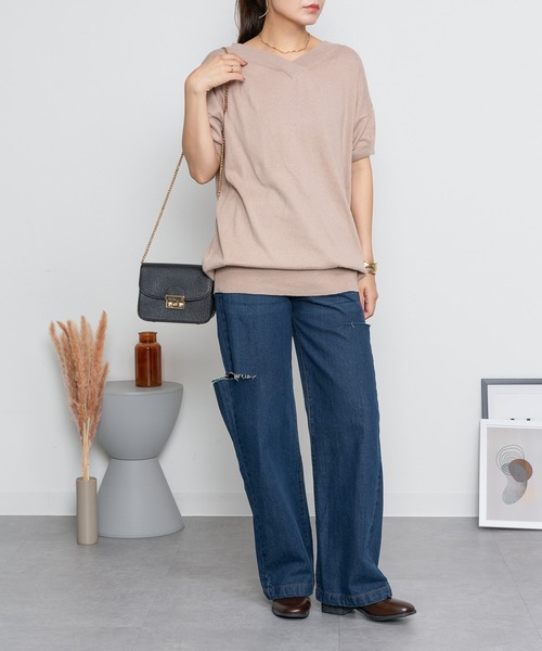 ElegChic(エレグシック)の「Vネックドルマン半袖綿ニット(ニット/セーター・レディース・カーキ/ブラック/オフホワイト/ライトグレー/ネイビー/グレイッシュベージュ・XL/4L/M)」の15枚目の写真