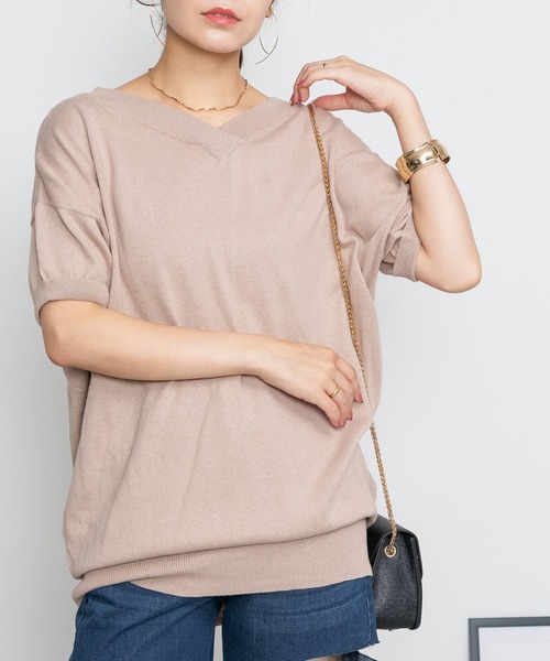 ElegChic(エレグシック)の「Vネックドルマン半袖綿ニット(ニット/セーター・レディース・カーキ/ブラック/オフホワイト/ライトグレー/ネイビー/グレイッシュベージュ・XL/4L/M)」の7枚目の写真