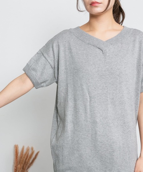 ElegChic(エレグシック)の「Vネックドルマン半袖綿ニット(ニット/セーター・レディース・カーキ/ブラック/オフホワイト/ライトグレー/ネイビー/グレイッシュベージュ・XL/4L/M)」の9枚目の写真