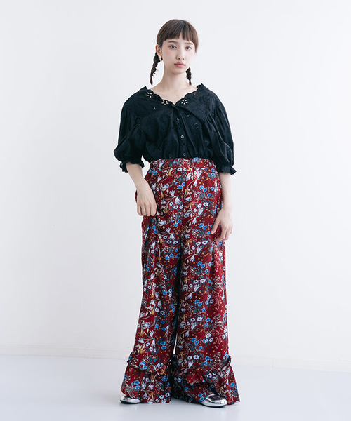 MERLOT（メルロー）の「裾フリルボタニカルワイドパンツ1181（その他パンツ・レディース・グリーン/ネイビー/レッド・FREE）」の9枚目の写真