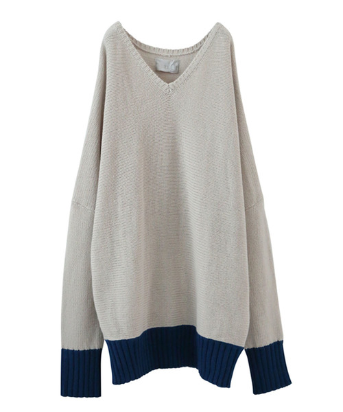 n'OrLABEL(ノアールレーベル)の「『配色Vネックニット』(ニット/セーター・レディース・ブラック/オフホワイト/カーキ/杢グレー/グレイッシュベージュ/ボルドー/ネイビー/ブルー/モカ/マスタード/ライトパープル・2/1)」の5枚目の写真