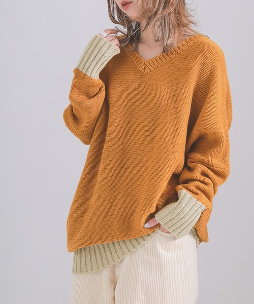 n'OrLABEL(ノアールレーベル)の「『配色Vネックニット』(ニット/セーター・レディース・ブラック/オフホワイト/カーキ/杢グレー/グレイッシュベージュ/ボルドー/ネイビー/ブルー/モカ/マスタード/ライトパープル・2/1)」の10枚目の写真