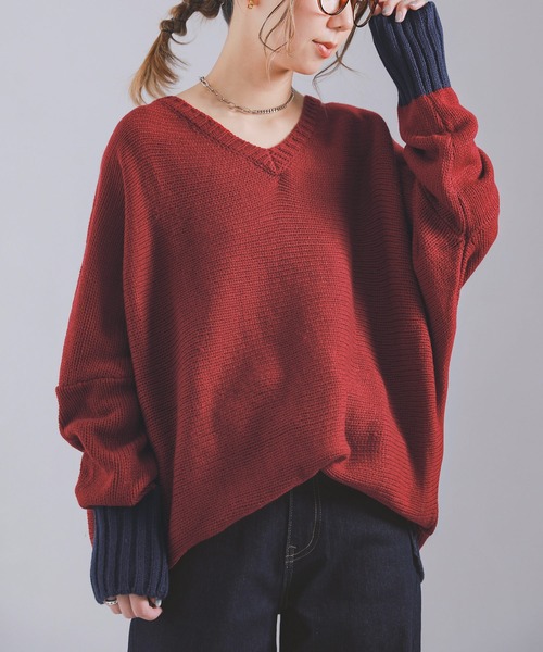 n'OrLABEL(ノアールレーベル)の「『配色Vネックニット』(ニット/セーター・レディース・ブラック/オフホワイト/カーキ/杢グレー/グレイッシュベージュ/ボルドー/ネイビー/ブルー/モカ/マスタード/ライトパープル・2/1)」の20枚目の写真