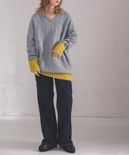 n'OrLABEL(ノアールレーベル)の「『配色Vネックニット』(ニット/セーター・レディース・ブラック/オフホワイト/カーキ/杢グレー/グレイッシュベージュ/ボルドー/ネイビー/ブルー/モカ/マスタード/ライトパープル・2/1)」の13枚目の写真