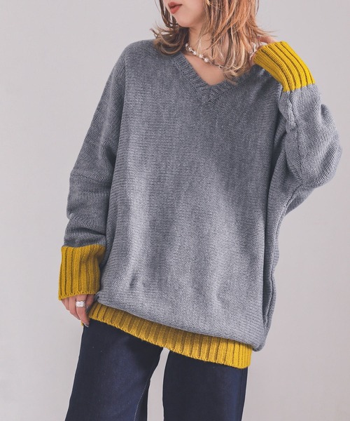 n'OrLABEL(ノアールレーベル)の「『配色Vネックニット』(ニット/セーター・レディース・ブラック/オフホワイト/カーキ/杢グレー/グレイッシュベージュ/ボルドー/ネイビー/ブルー/モカ/マスタード/ライトパープル・2/1)」の12枚目の写真