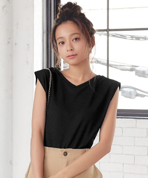 KOBE LETTUCE（コウベレタス）の「両Vネック2wayフレンチスリーブリブカットソートップス＊レディース/Tシャツ[C3402]神戸レタス（Tシャツ/カットソー・レディース・ブラック/カーキ/グレイッシュベージュ・FREE）」の2枚目の写真