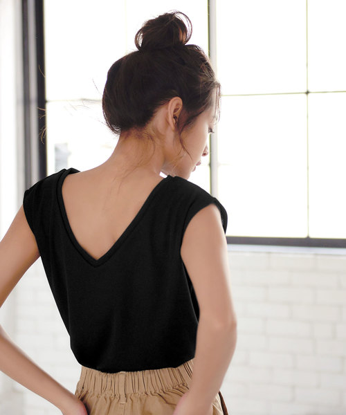 KOBE LETTUCE（コウベレタス）の「両Vネック2wayフレンチスリーブリブカットソートップス＊レディース/Tシャツ[C3402]神戸レタス（Tシャツ/カットソー・レディース・ブラック/カーキ/グレイッシュベージュ・FREE）」の10枚目の写真