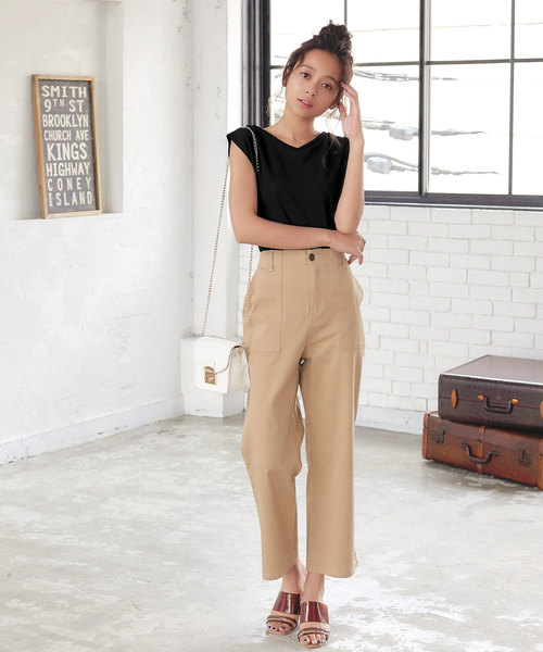 KOBE LETTUCE（コウベレタス）の「両Vネック2wayフレンチスリーブリブカットソートップス＊レディース/Tシャツ[C3402]神戸レタス（Tシャツ/カットソー・レディース・ブラック/カーキ/グレイッシュベージュ・FREE）」の13枚目の写真