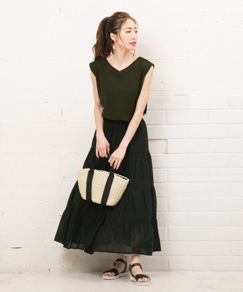 KOBE LETTUCE（コウベレタス）の「両Vネック2wayフレンチスリーブリブカットソートップス＊レディース/Tシャツ[C3402]神戸レタス（Tシャツ/カットソー・レディース・ブラック/カーキ/グレイッシュベージュ・FREE）」の14枚目の写真