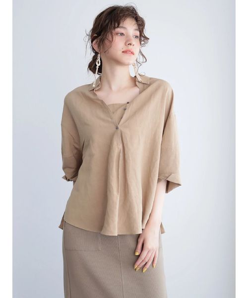 Editt by YECCA VECCA（エディットバイイェッカヴェッカ）の「レーヨン麻２ｗａｙデザインシャツ（シャツ/ブラウス・レディース・ホワイト/ベージュ・FREE）」の3枚目の写真
