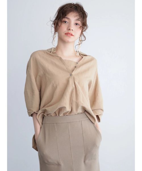 Editt by YECCA VECCA（エディットバイイェッカヴェッカ）の「レーヨン麻２ｗａｙデザインシャツ（シャツ/ブラウス・レディース・ホワイト/ベージュ・FREE）」の4枚目の写真