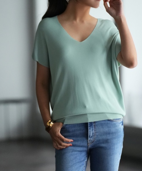 Vネック半袖サマーニットプルオーバー