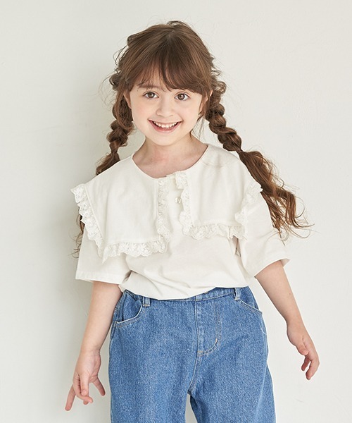 b・ROOM（ビールーム）の「フリルレースセラーカラーTシャツ（Tシャツ/カットソー・キッズ・オフホワイト/オレンジ/エメラルド/ラベンダー・90cm/100cm/110cm/120cm/130cm）」の2枚目の写真