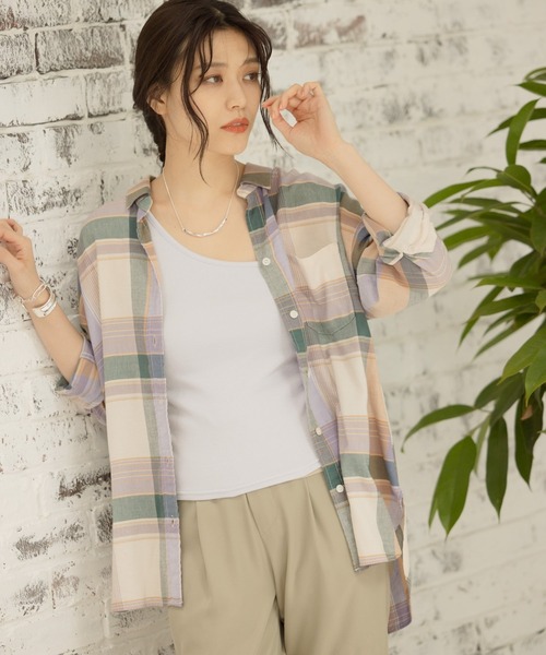 BAYFLOW(ベイフロー)の「リネンストレッチチェックシャツ(テンセル(TM)繊維使用)(シャツ/ブラウス・レディース・パープル/グリーン・SMALL/MEDIUM)」の6枚目の写真