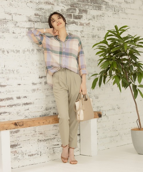 BAYFLOW(ベイフロー)の「リネンストレッチチェックシャツ(テンセル(TM)繊維使用)(シャツ/ブラウス・レディース・パープル/グリーン・SMALL/MEDIUM)」の7枚目の写真