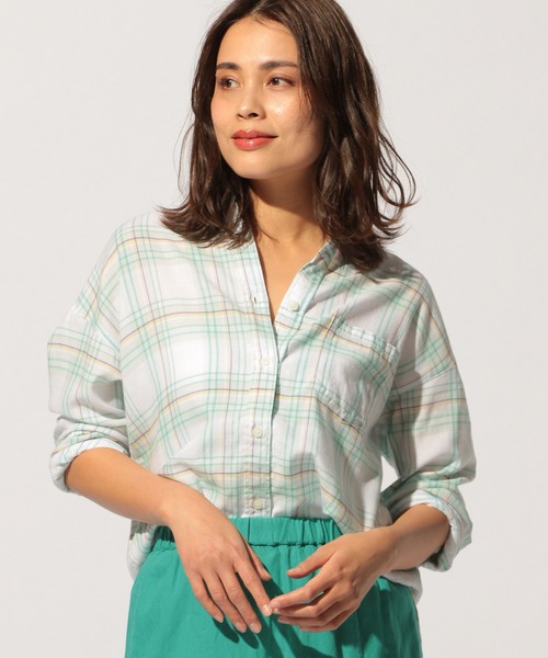 BAYFLOW(ベイフロー)の「リネンストレッチチェックシャツ(テンセル(TM)繊維使用)(シャツ/ブラウス・レディース・パープル/グリーン・SMALL/MEDIUM)」の9枚目の写真