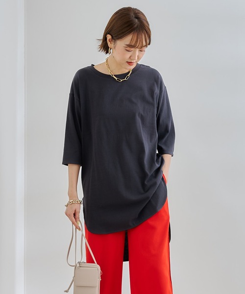DouDou(ドゥドゥ)の「7分袖バックロングT(Tシャツ/カットソー・レディース・オフホワイト/チャコールグレー/グリーン・FREE)」の2枚目の写真
