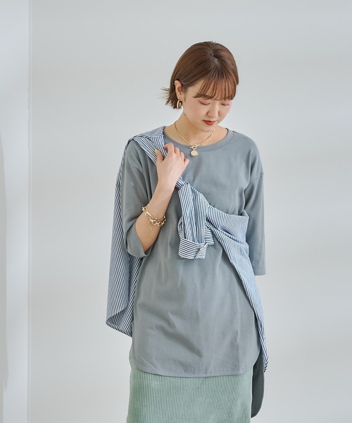 DouDou(ドゥドゥ)の「7分袖バックロングT(Tシャツ/カットソー・レディース・オフホワイト/チャコールグレー/グリーン・FREE)」の3枚目の写真