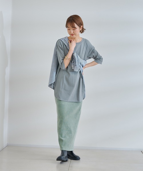 DouDou(ドゥドゥ)の「7分袖バックロングT(Tシャツ/カットソー・レディース・オフホワイト/チャコールグレー/グリーン・FREE)」の22枚目の写真