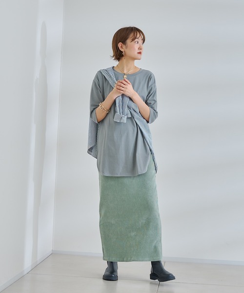 DouDou(ドゥドゥ)の「7分袖バックロングT(Tシャツ/カットソー・レディース・オフホワイト/チャコールグレー/グリーン・FREE)」の4枚目の写真