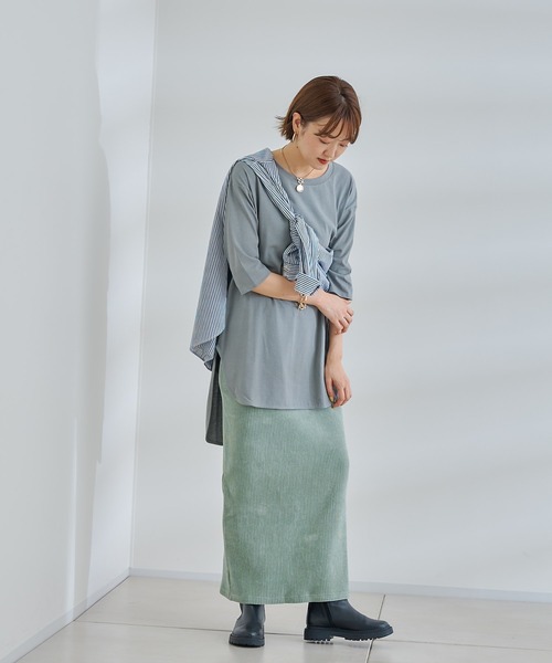 DouDou(ドゥドゥ)の「7分袖バックロングT(Tシャツ/カットソー・レディース・オフホワイト/チャコールグレー/グリーン・FREE)」の10枚目の写真