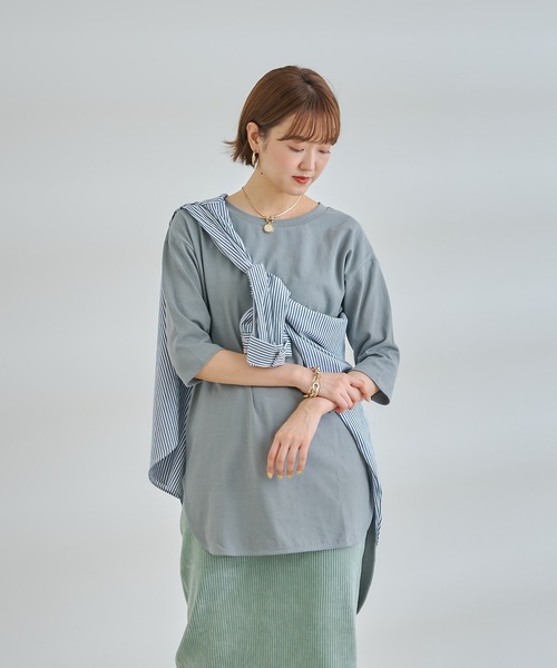 DouDou(ドゥドゥ)の「7分袖バックロングT(Tシャツ/カットソー・レディース・オフホワイト/チャコールグレー/グリーン・FREE)」の5枚目の写真