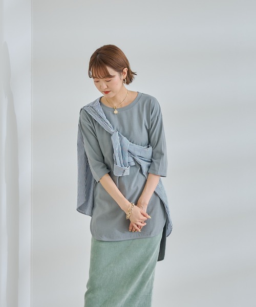 DouDou(ドゥドゥ)の「7分袖バックロングT(Tシャツ/カットソー・レディース・オフホワイト/チャコールグレー/グリーン・FREE)」の17枚目の写真