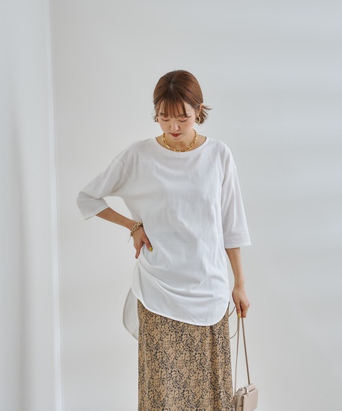DouDou(ドゥドゥ)の「7分袖バックロングT(Tシャツ/カットソー・レディース・オフホワイト/チャコールグレー/グリーン・FREE)」の7枚目の写真