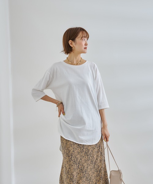 DouDou(ドゥドゥ)の「7分袖バックロングT(Tシャツ/カットソー・レディース・オフホワイト/チャコールグレー/グリーン・FREE)」の13枚目の写真