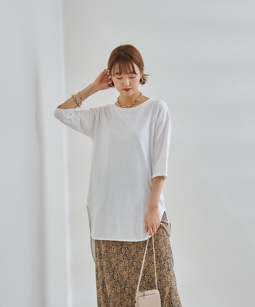 DouDou(ドゥドゥ)の「7分袖バックロングT(Tシャツ/カットソー・レディース・オフホワイト/チャコールグレー/グリーン・FREE)」の19枚目の写真