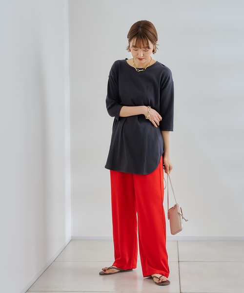 DouDou(ドゥドゥ)の「7分袖バックロングT(Tシャツ/カットソー・レディース・オフホワイト/チャコールグレー/グリーン・FREE)」の14枚目の写真