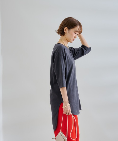 DouDou(ドゥドゥ)の「7分袖バックロングT(Tシャツ/カットソー・レディース・オフホワイト/チャコールグレー/グリーン・FREE)」の20枚目の写真