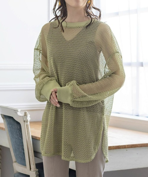 clear(クリア)の「メッシュオーバートップス(Tシャツ/カットソー・レディース・ライトカーキ/モカ/アイボリー・F)」の3枚目の写真