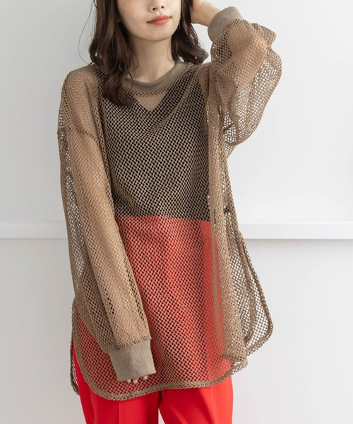 clear(クリア)の「メッシュオーバートップス(Tシャツ/カットソー・レディース・ライトカーキ/モカ/アイボリー・F)」の1枚目の写真