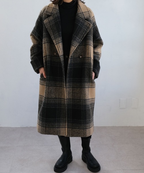 ANDJ(アンドジェイ)の「チェック柄チェスターコート(チェスターコート・レディース・ブラウン/ベージュ・M)」の2枚目の写真