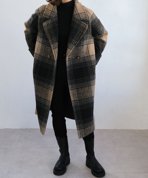 ANDJ(アンドジェイ)の「チェック柄チェスターコート(チェスターコート・レディース・ブラウン/ベージュ・M)」の9枚目の写真