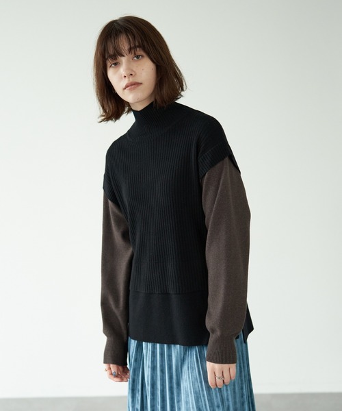 YECCA VECCA（イェッカヴェッカ）の「・レイヤード風ニット（ニット/セーター・レディース・ライトグレー/ブラック/グリーン・FREE）」の2枚目の写真