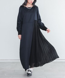 『異素材プリーツ切替アシメワンピース』