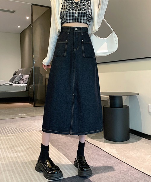 urge:(アージコロン )の「【URGE:】フロントスリット ロング デニムスカート(デニムスカート・レディース・ネイビー/ブルー・SMALL/MEDIUM/LARGE/X-LARGE)」の2枚目の写真
