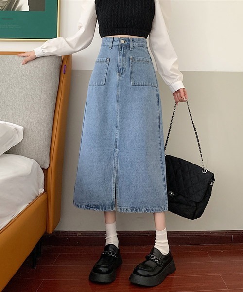 urge:(アージコロン )の「【URGE:】フロントスリット ロング デニムスカート(デニムスカート・レディース・ネイビー/ブルー・SMALL/MEDIUM/LARGE/X-LARGE)」の6枚目の写真