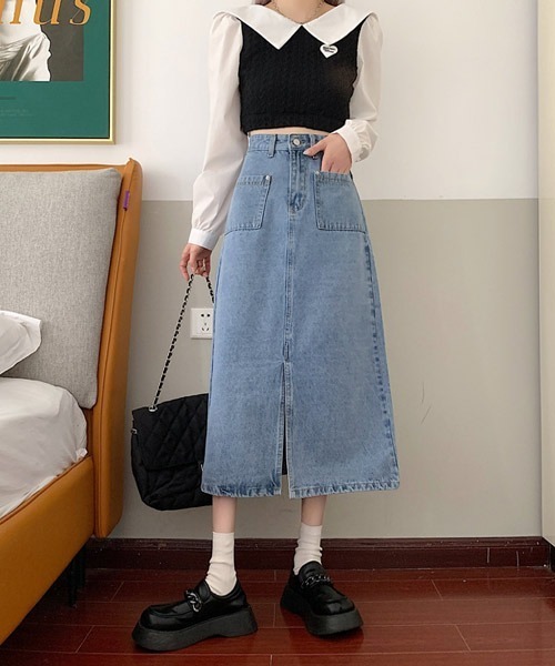 urge:(アージコロン )の「【URGE:】フロントスリット ロング デニムスカート(デニムスカート・レディース・ネイビー/ブルー・SMALL/MEDIUM/LARGE/X-LARGE)」の7枚目の写真