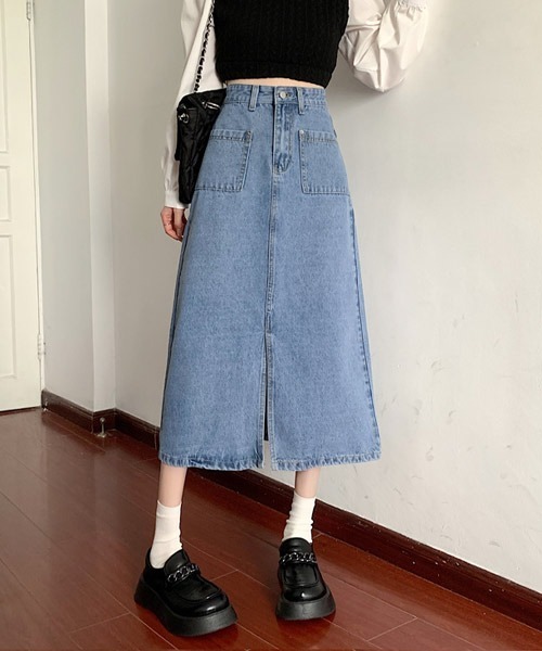 urge:(アージコロン )の「【URGE:】フロントスリット ロング デニムスカート(デニムスカート・レディース・ネイビー/ブルー・SMALL/MEDIUM/LARGE/X-LARGE)」の8枚目の写真