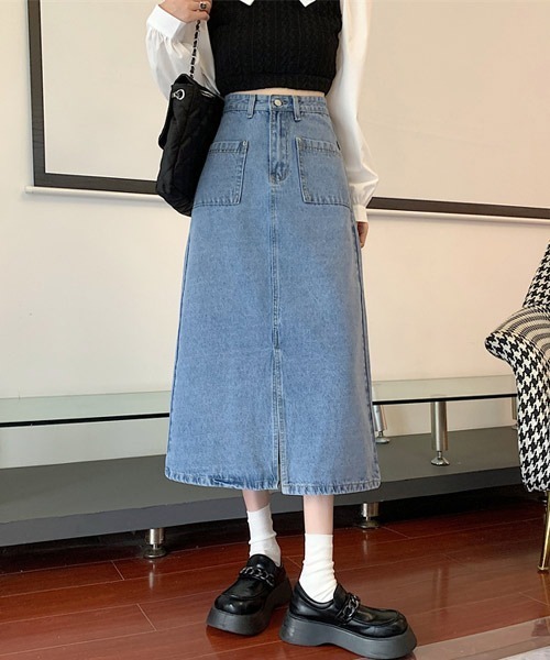 urge:(アージコロン )の「【URGE:】フロントスリット ロング デニムスカート(デニムスカート・レディース・ネイビー/ブルー・SMALL/MEDIUM/LARGE/X-LARGE)」の9枚目の写真