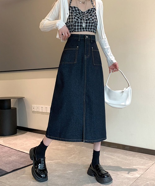 urge:(アージコロン )の「【URGE:】フロントスリット ロング デニムスカート(デニムスカート・レディース・ネイビー/ブルー・SMALL/MEDIUM/LARGE/X-LARGE)」の14枚目の写真