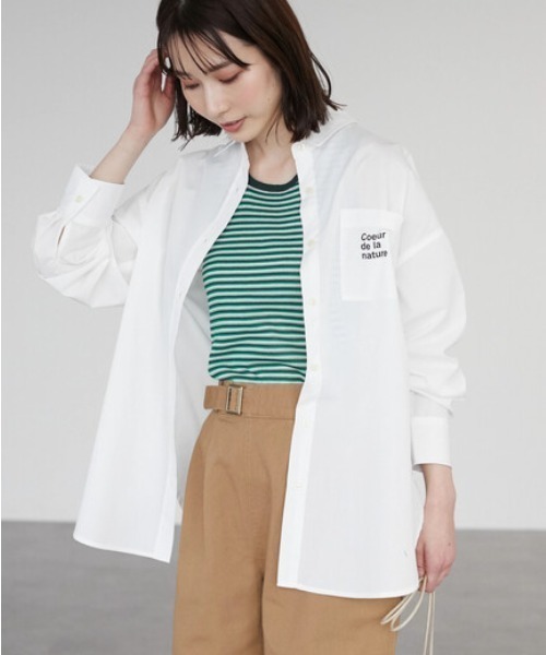 Green　Parks（グリーンパークス）の「BIGロゴシャツチュニック（シャツ/ブラウス・レディース・チェック/ストライプ/オフホワイト・FREE）」の2枚目の写真