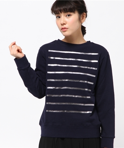 CIAOPANIC（チャオパニック）の「【Ciaopanic】箔プリントボーダー裏毛PO（Tシャツ/カットソー・レディース・ホワイト/ネイビー・FREE）」の2枚目の写真